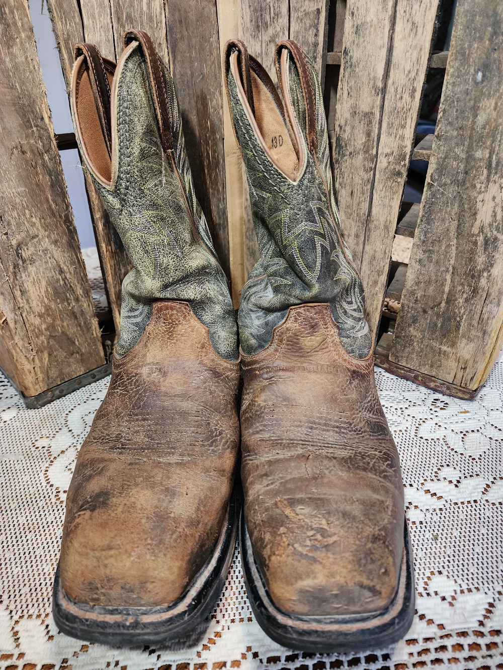 Ariat Brown Leather Cowboy Boots with Green Embroidered Shaft